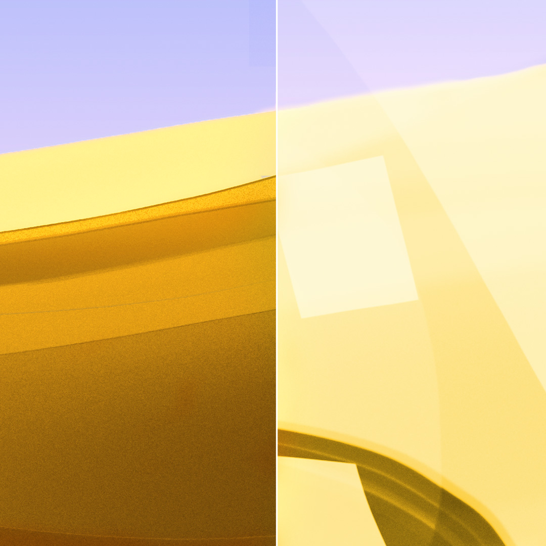 Split images of a clear, clean lens with ZEISS DuraVision Gold UV and a lens with strong reflections.