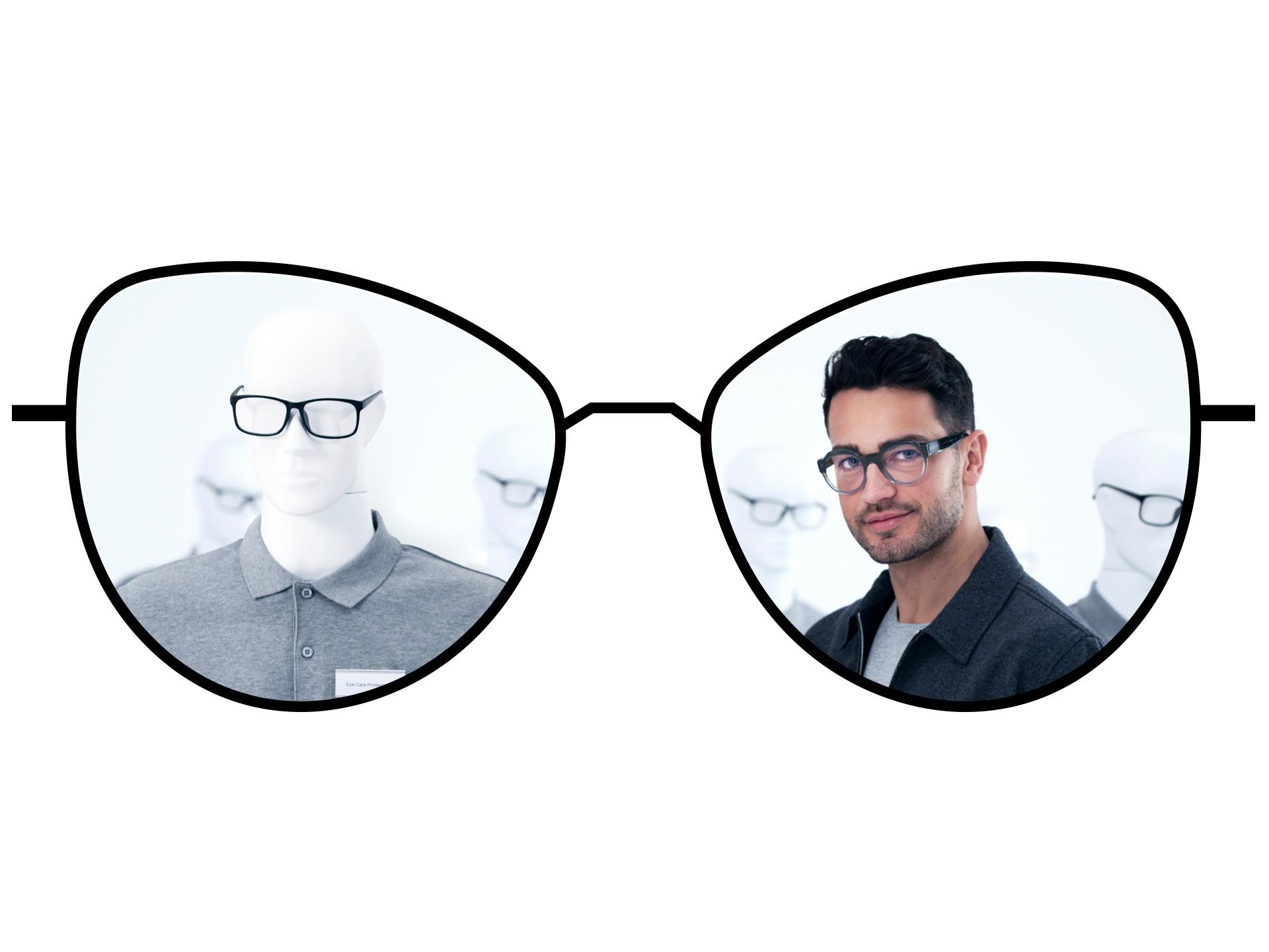 Glasses illustration showing the blurry zones of standard single vision lenses in comparison to the large clear zones of ZEISS ClearView single vision lenses