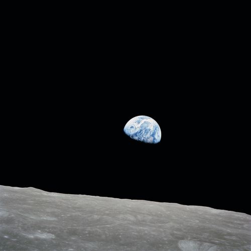 The iconic earth rise image, taken with a ZEISS 250 mm Sonnar telephoto lens during the Apollo 8 mission. 